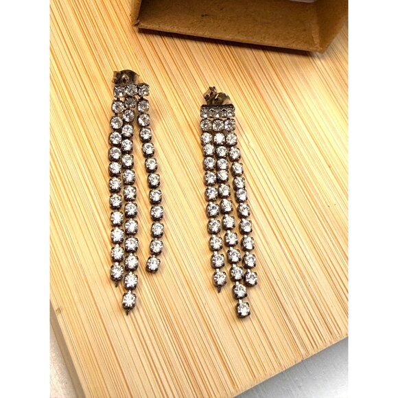 Silver-Tone Rhinestone Dangle Earrings With 3-Row Design For Women - Picture 2 of 6